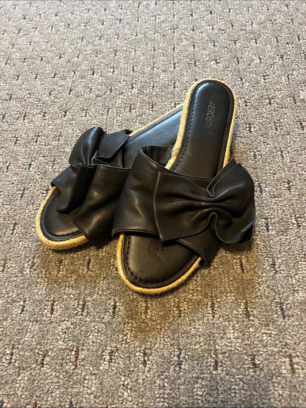 AEROSOLES Black Bow Espadrille-Trim Slide Sandals